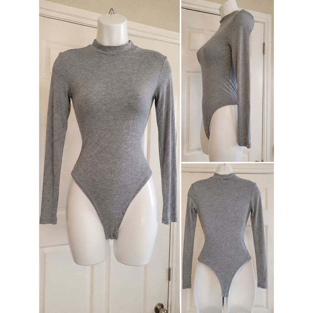 Fashion Nova Womens Gray Mock Neck Bodysuit Long Sleeve Stretch Snap Closure